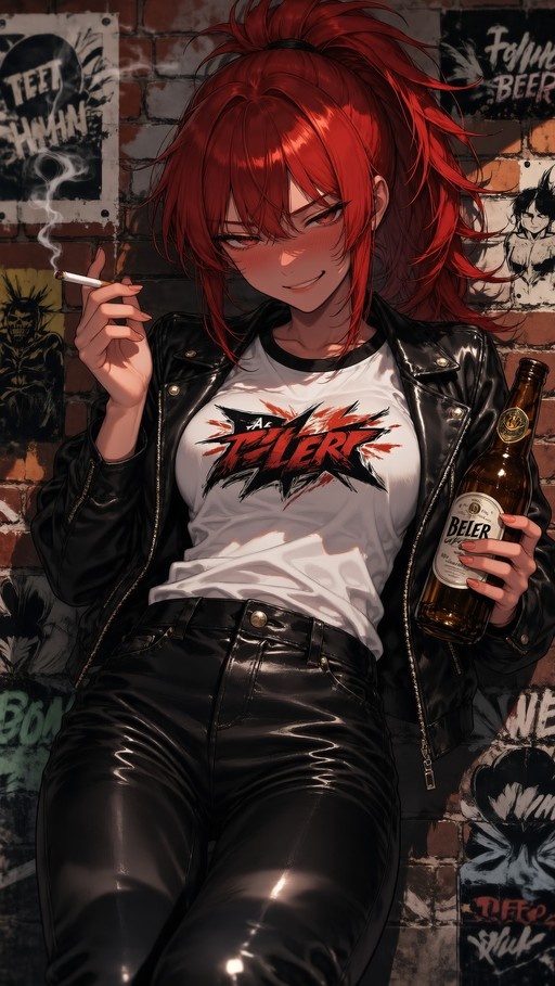 Red-haired anime girl in a leather jacket and white t-shirt holding a cigarette and beer bottle against a brick wall.