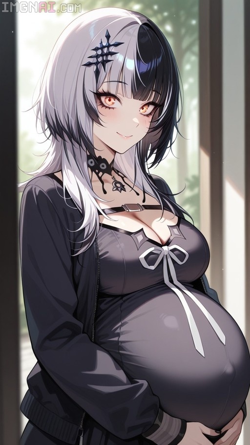 A digital illustration of a pregnant Shiori Novella with two-toned black and silver hair, wearing a black dress and jacket while smiling and holding her baby bump.