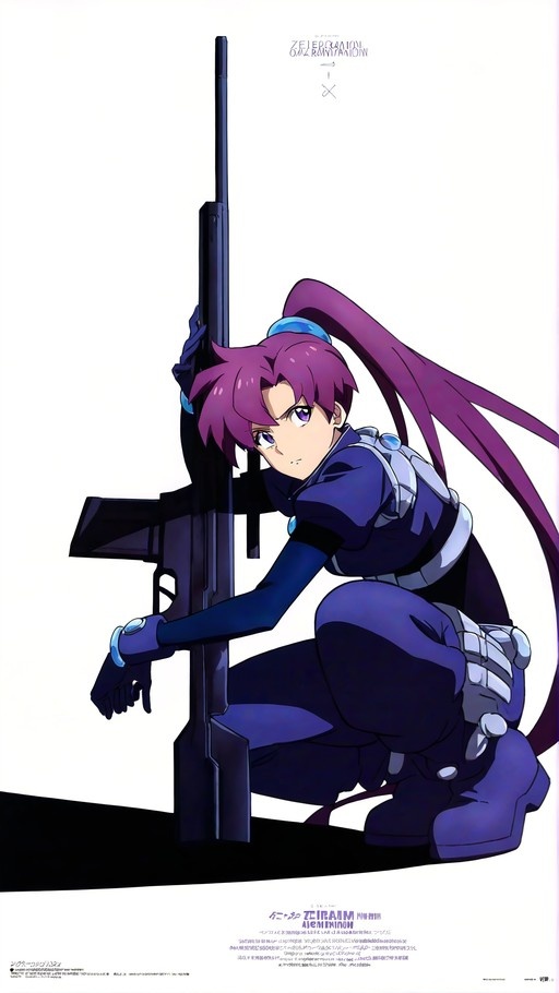 Yoko Littner from Gurren Lagann crouching with a large sniper rifle
