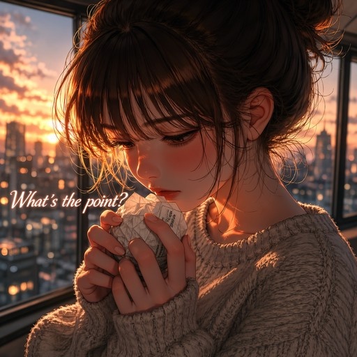 A young woman with brown hair in a bun wearing a beige sweater holds a crumpled paper note while looking down near a window with a blurred city sunset background.