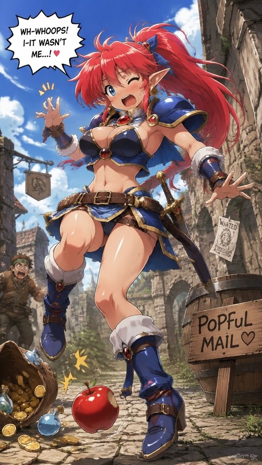 Red-haired elf warrior Eris in blue armor playfully denying theft of an apple and spilled gold coins in a fantasy town setting.