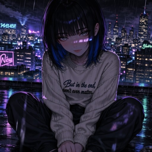 Anime-style girl with blue-tipped hair sitting cross-legged in the rain on a rooftop, wearing a white sweater that says "But in the end, doesn't even matter," against a backdrop of a neon-lit city at night.