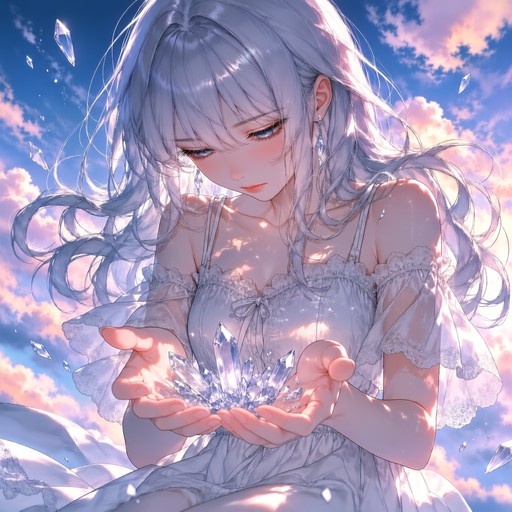 Anime girl with silver hair holding glowing crystals in her hands against a cloudy sky.