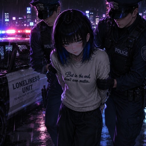 An anime-style girl with dark hair and blue tips is handcuffed by two male police officers in the rain, standing next to a vehicle labeled 'Loneliness Unit'.