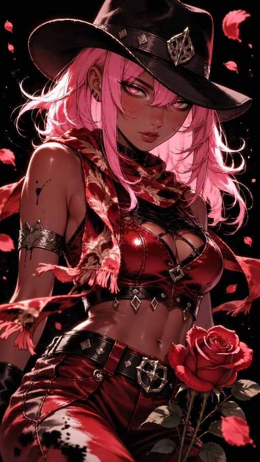 A dark-skinned woman with long pink hair wearing a black cowboy hat and red outfit holds a large red rose.