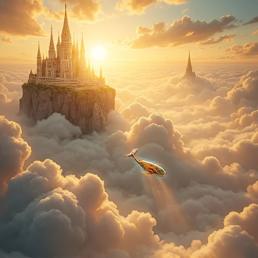 A fantasy castle on a floating island surrounded by clouds at sunset with a golden fish swimming in the air.