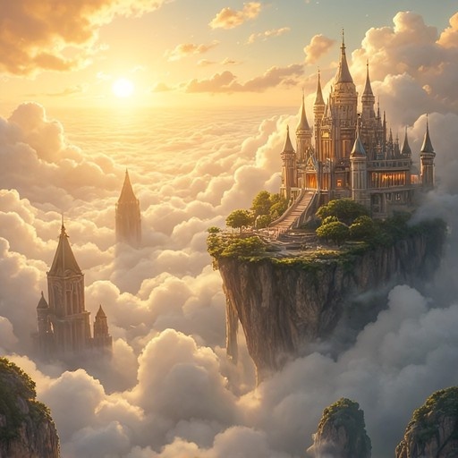 A majestic fantasy castle sits on a floating cliff above a sea of clouds during a golden sunset, with distant towers visible in the mist.