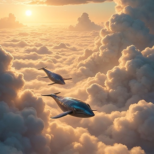 Two sleek whales swimming through a sea of fluffy white and gold clouds during a vibrant sunset.