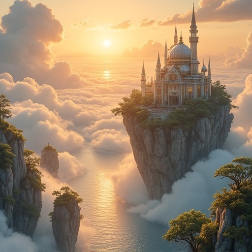 A majestic white castle with multiple spires sits atop a large floating rock formation surrounded by fluffy white clouds and smaller islands, bathed in the warm golden light of a setting sun over an ocean below.