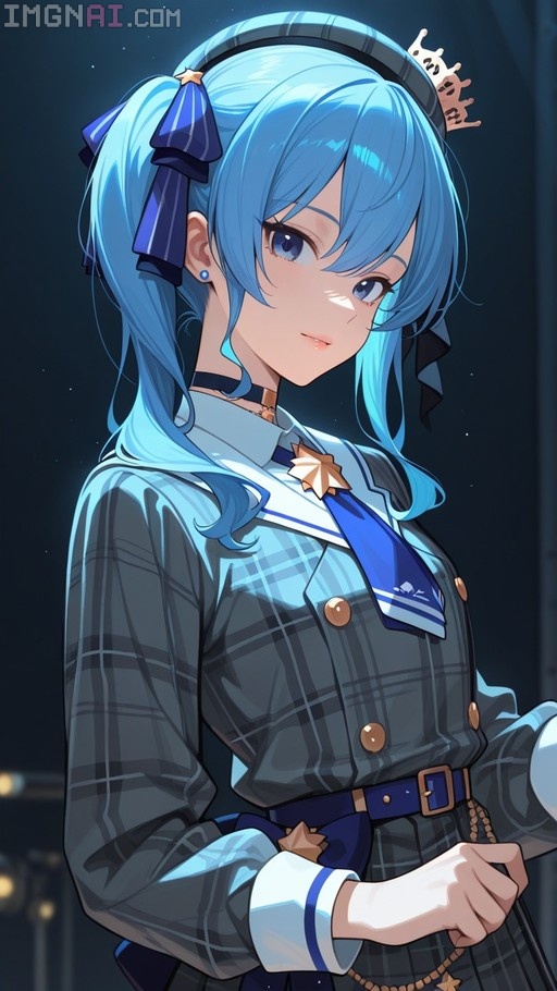 Portrait of Hoshimachi Suisei with blue pigtails and a star in her eye wearing a grey plaid jacket.