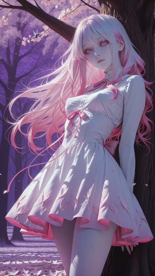An anime-style girl with long pink and white hair stands under a cherry blossom tree wearing a white dress with pink ribbons.