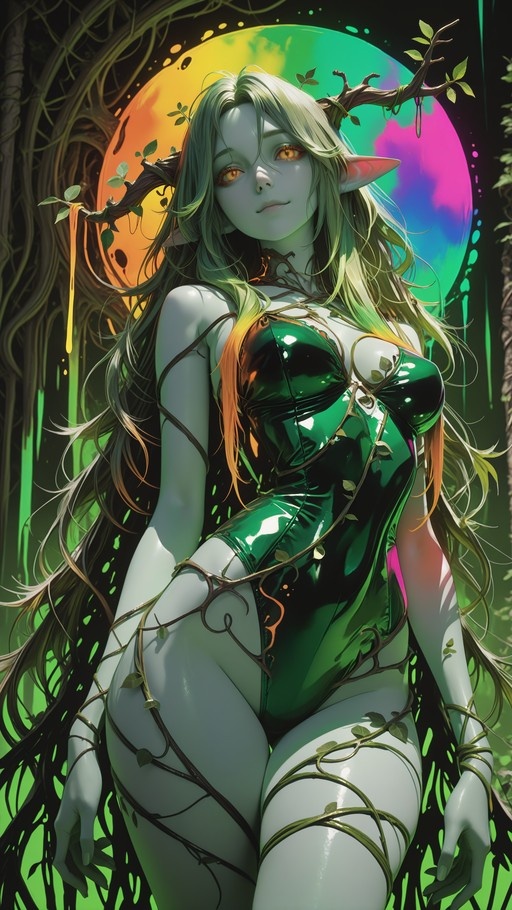 Fantasy elf with branch antlers and long green hair wearing a shiny green leotard wrapped in vines.