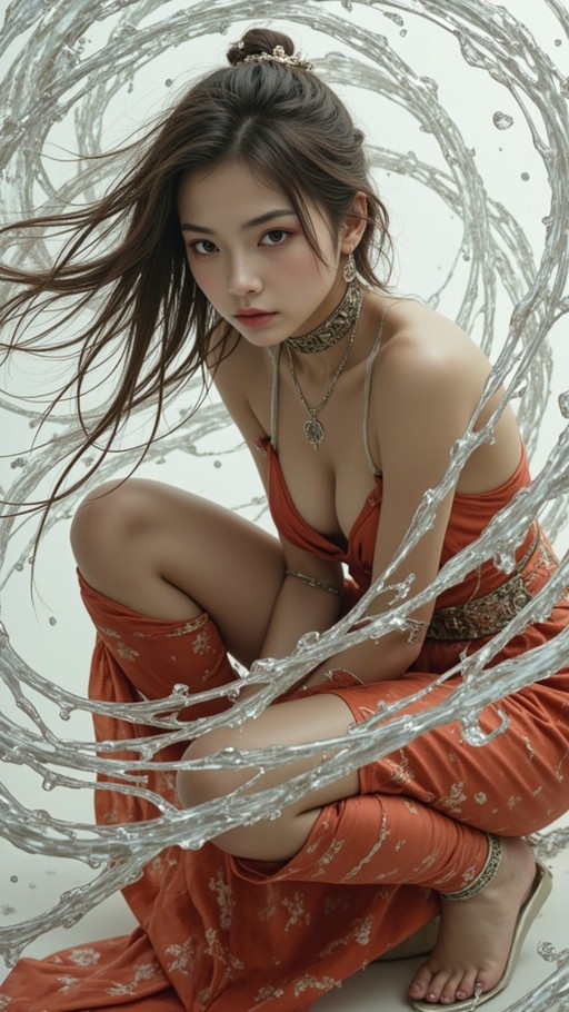 A young woman with long brown hair in a bun squats while wearing an orange-red dress and gold jewelry, framed by a ring of splashing water against a white background.