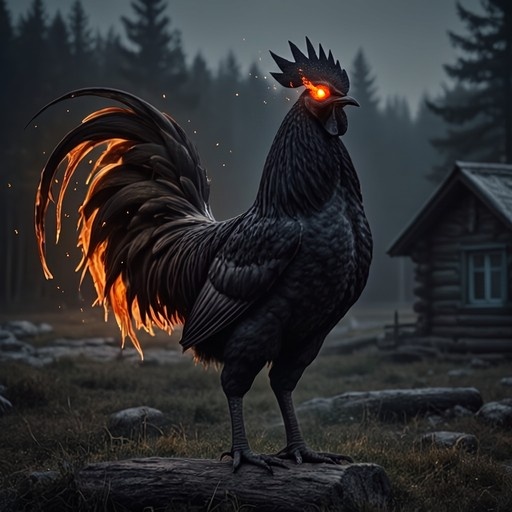 A large black rooster with a flaming tail and glowing orange eyes stands on a log in front of a wooden house in a misty forest.