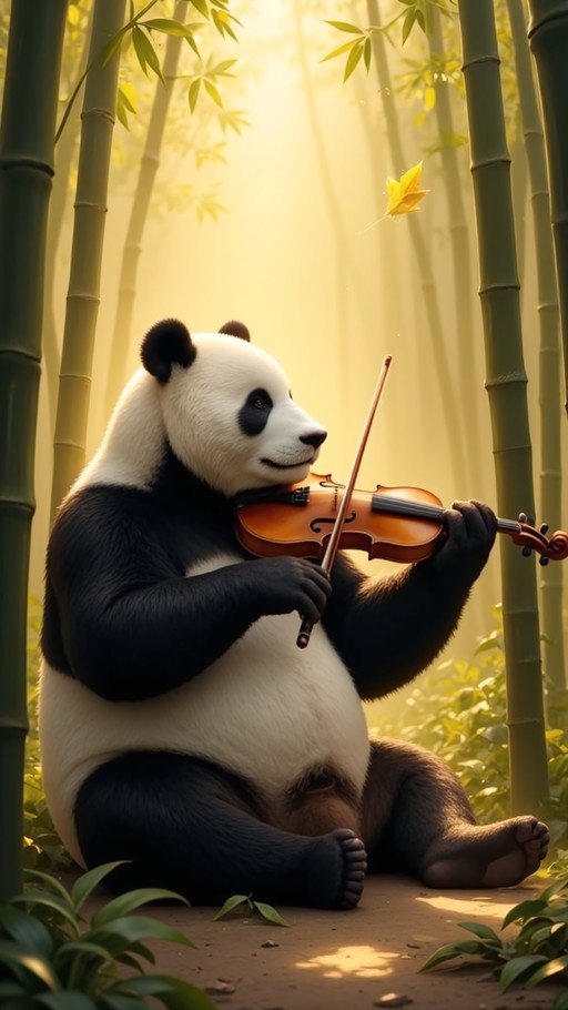 A panda playing a violin in a bamboo forest.