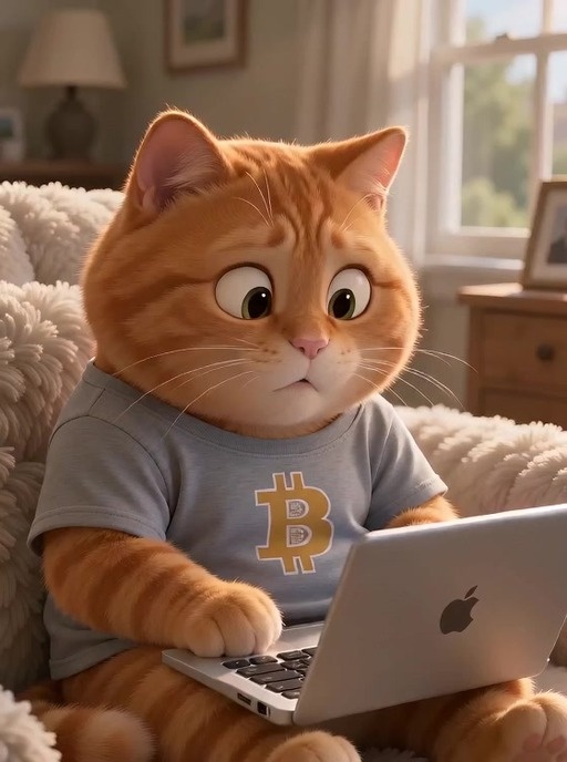 A Pixar-style animation shows a cute ginger cat sitting indoors on a sofa with a laptop on its lap. The cat wears a white T-shirt featuring the Bitcoin logo and has an open-mouthed, wide-eyed expression of panic while checking crypto charts.