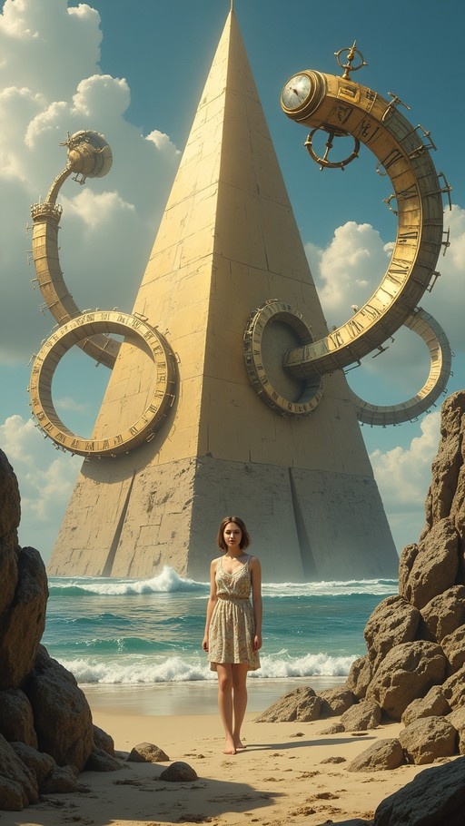 A young woman in a patterned dress stands barefoot on a sandy beach framed by rocks, with a massive stone obelisk featuring giant golden clockwork rings rising behind her against the ocean and sky.