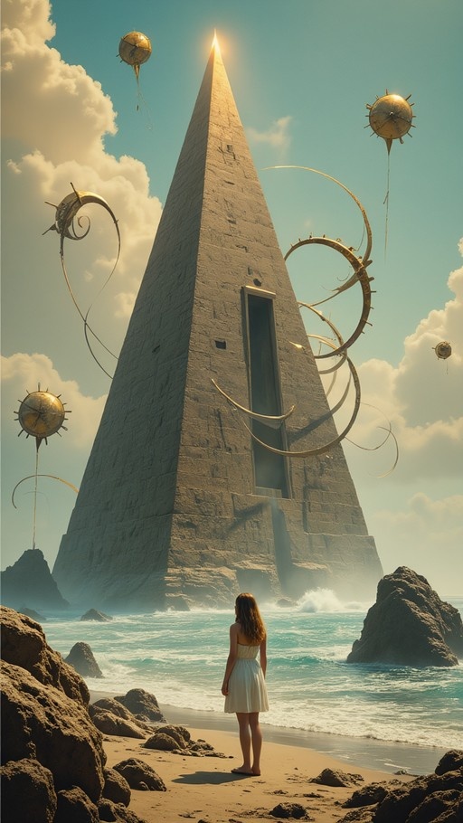 A woman in a white dress stands on a rocky beach facing a massive stone obelisk surrounded by floating golden spheres under a cloudy sky.