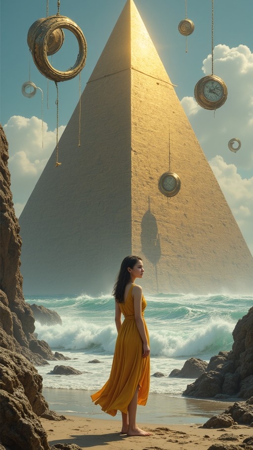 A woman in a yellow dress stands barefoot on a rocky beach looking at a massive golden pyramid rising from the ocean with strange clock-like objects floating in the sky above it.