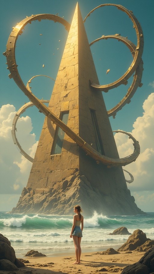 A young woman stands barefoot on a rocky beach looking at a giant stone pyramid with large metal rings floating around it in the ocean.