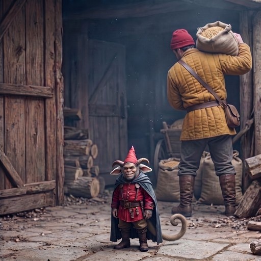 A small mythical Trasgu with curved horns, sheep ears, and a long monkey tail wears a red pointed hat and grey cape while standing on a stone path in front of a rustic wooden barn where a man carries a sack.