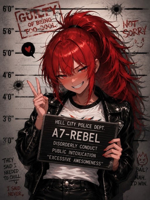 Red-haired anime girl in a leather jacket holding a mugshot sign reading A7-Rebel and making a peace sign.