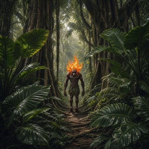 A muscular Curupira with a burning orange head walks along a path in a lush green jungle.