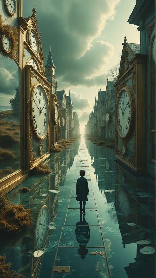 A lone figure in a dark coat walks away from the viewer down a narrow, reflective path between towering grandfather clocks under a cloudy sky.