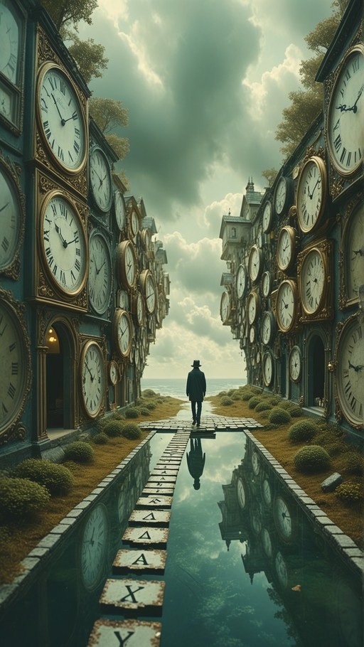 A lone man in a hat walks down a stone path between buildings covered in clocks, with his reflection visible in a stream of water below.