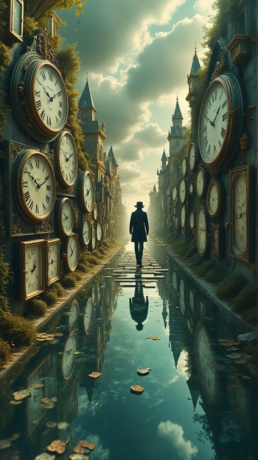 A solitary figure in a hat and coat walks along a wooden plank path through a flooded alley lined with buildings covered in giant analog clocks, their reflections visible in the calm water.