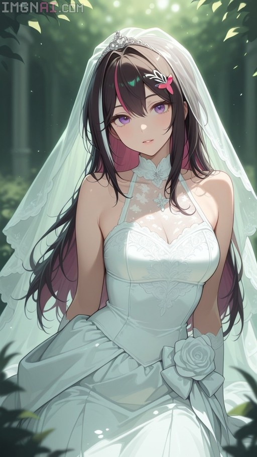 Azusa Hoshino from Hololive wearing a white lace wedding dress and veil in a forest setting