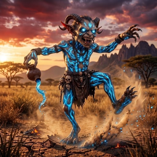 A horned Tokoloshe spirit with glowing blue skin patterns pours magical water from a gourd in a dry savanna landscape at sunset.