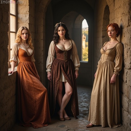Three women in elaborate 17th-century gowns standing in a stone castle hallway. The group includes a blonde, a brunette wearing a tiara, and a redhead, all dressed in low-cut velvet dresses.
