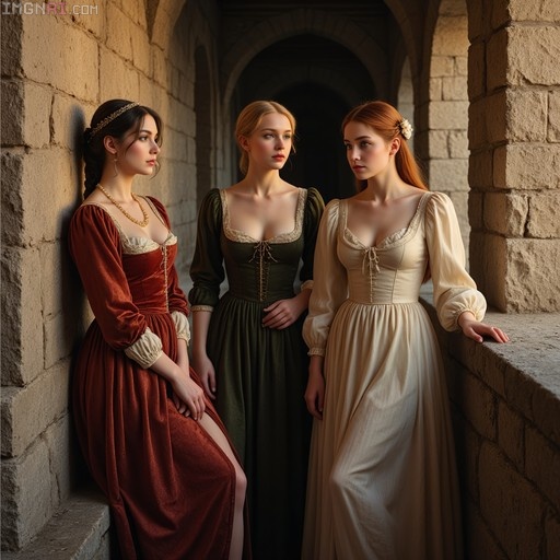 Three young women in red, green, and cream historical dresses standing in a stone castle corridor.