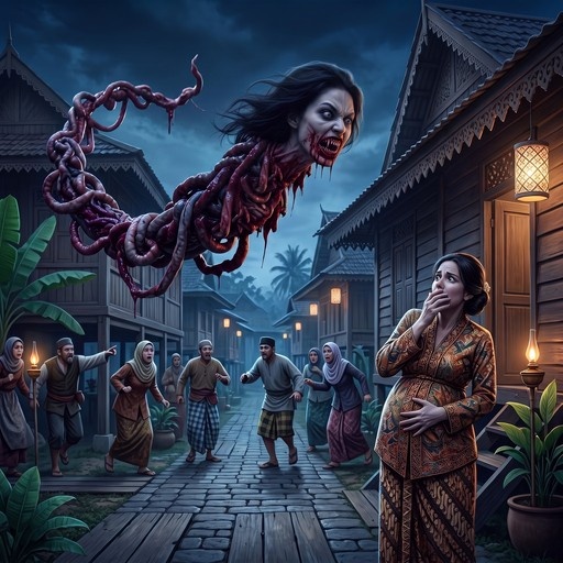 A large floating severed head with trailing entrails hovers over a village street where a pregnant woman and other villagers look on in fear at night.