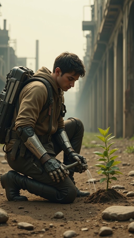 A young man with metallic arms kneels in a dusty ruin to water a small green plant growing from the ground.