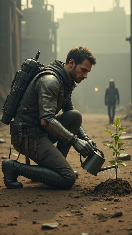 A bearded man in tactical leather gear and boots kneels on dusty ground, pouring water from a black can onto a small green sapling.