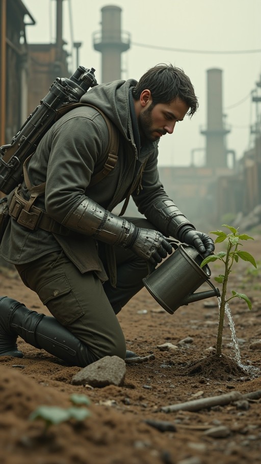 A bearded man in tactical gear kneels to water a small plant with a metal can in an industrial wasteland.