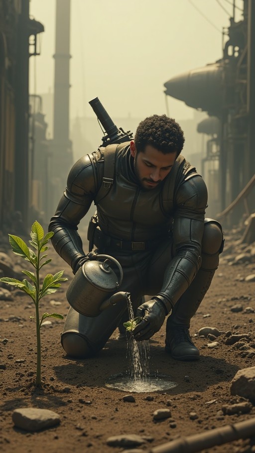A dark-skinned man in black armor kneels to water a small green plant with a metal can in a dusty, ruined industrial landscape.