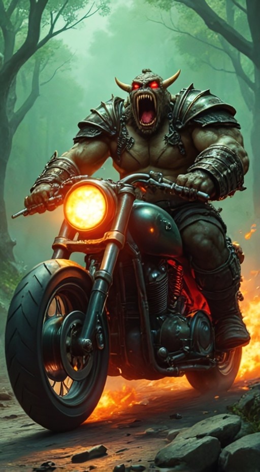 A muscular horned demon riding a motorcycle in a forest with fire on the ground.