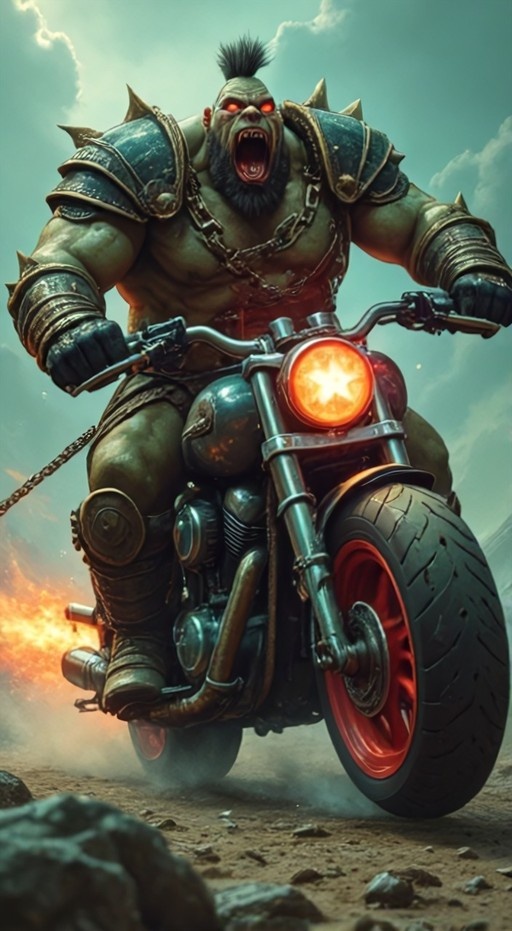 A muscular green-skinned orc with glowing red eyes and spiked armor roars while riding a motorcycle on rocky ground, with flames emitting from the exhaust.