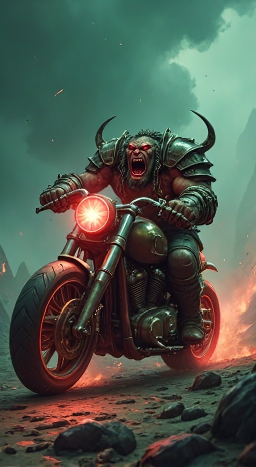 A horned, red-eyed orc-like warrior in spiked armor rides a motorcycle through a fiery landscape.