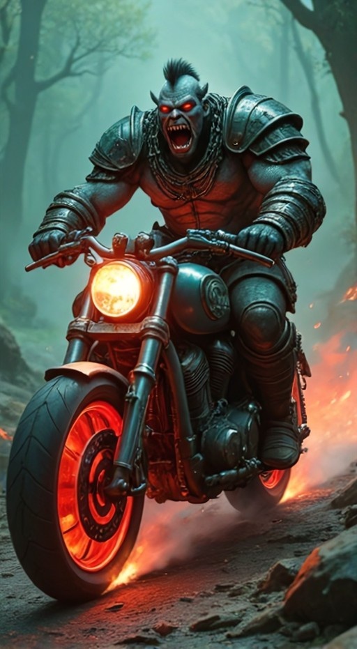 An armored grey orc with red eyes roars while riding a motorcycle through a foggy forest with fire effects near the wheels.