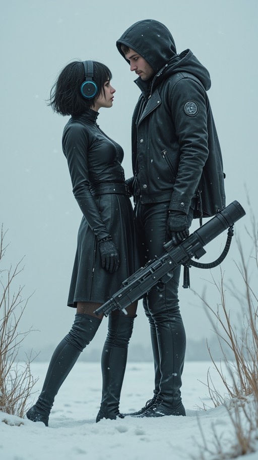 A man in a hooded jacket holding a large weapon stands face-to-face with a woman in a black leather dress and thigh-high boots wearing blue headphones in a snowy landscape.