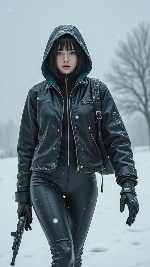 A young woman with short black hair and blue eyes stands in the snow wearing a black leather jacket with the hood up and holding a handgun.