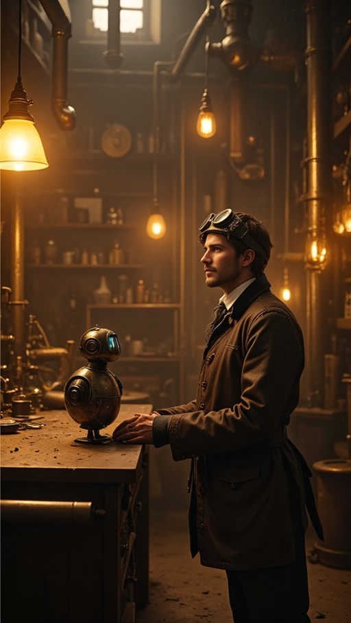 A steampunk man wearing goggles on his head stands in a workshop next to a small round brass robot on a table.