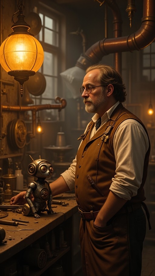 A bearded steampunk inventor in a brown vest stands beside a workbench, looking down at a small mechanical robot amidst copper pipes and tools.