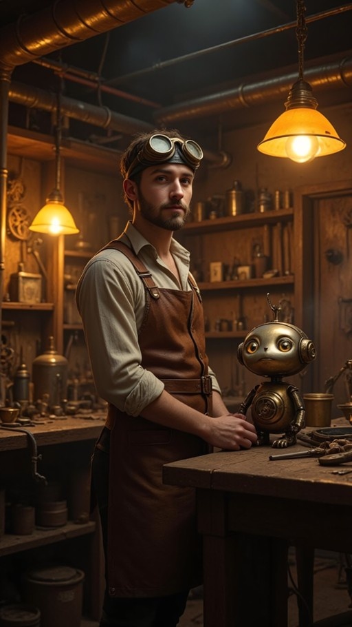 A bearded man in a leather apron and goggles stands next to a small brass robot on a workbench in a steampunk workshop.