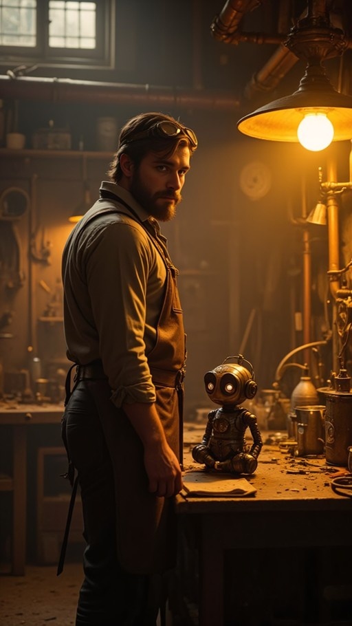 A bearded man wearing goggles and a brown apron stands in a steampunk workshop looking back at the viewer while a small robot sits on the workbench beside him.