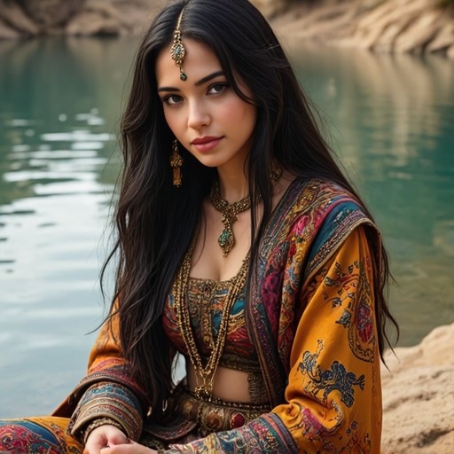 A realistic portrait of a beautiful woman with long black hair wearing ornate gold jewelry and colorful traditional Moroccan attire, sitting by calm water.